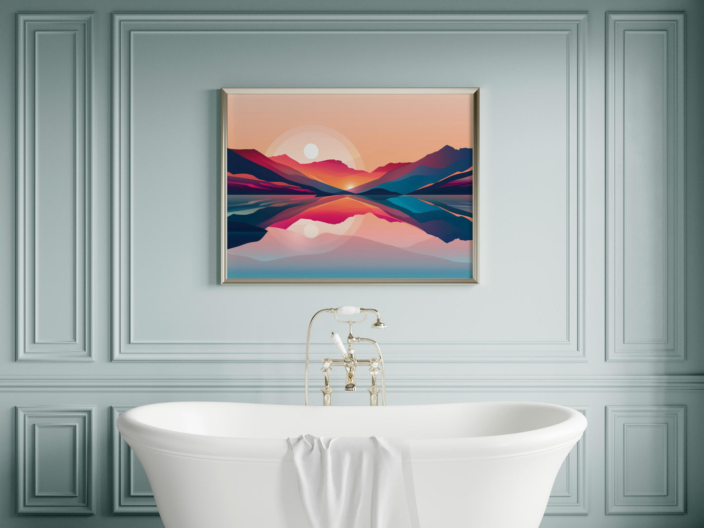 Reflections of Awakening- Modern landscape, Interior decoration, Color gradient, Contemporary art, Mountain panorama