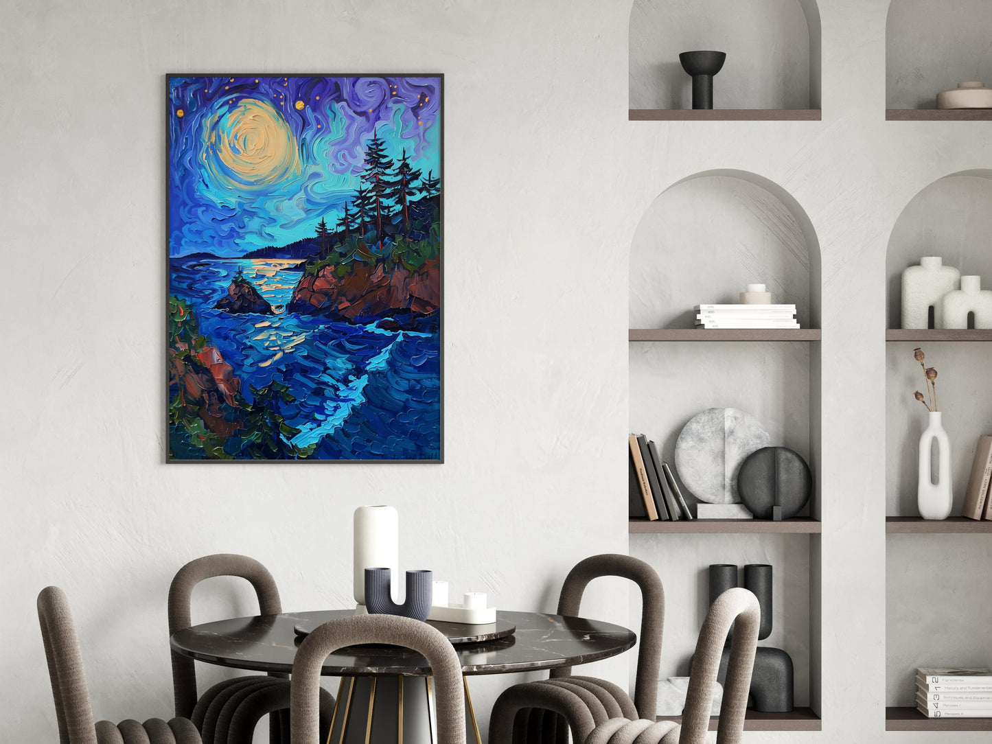 Nocturnal Symphony of the Northwest Coast- force of nature, landscape painting, coastal landscape, forest, emotional depth