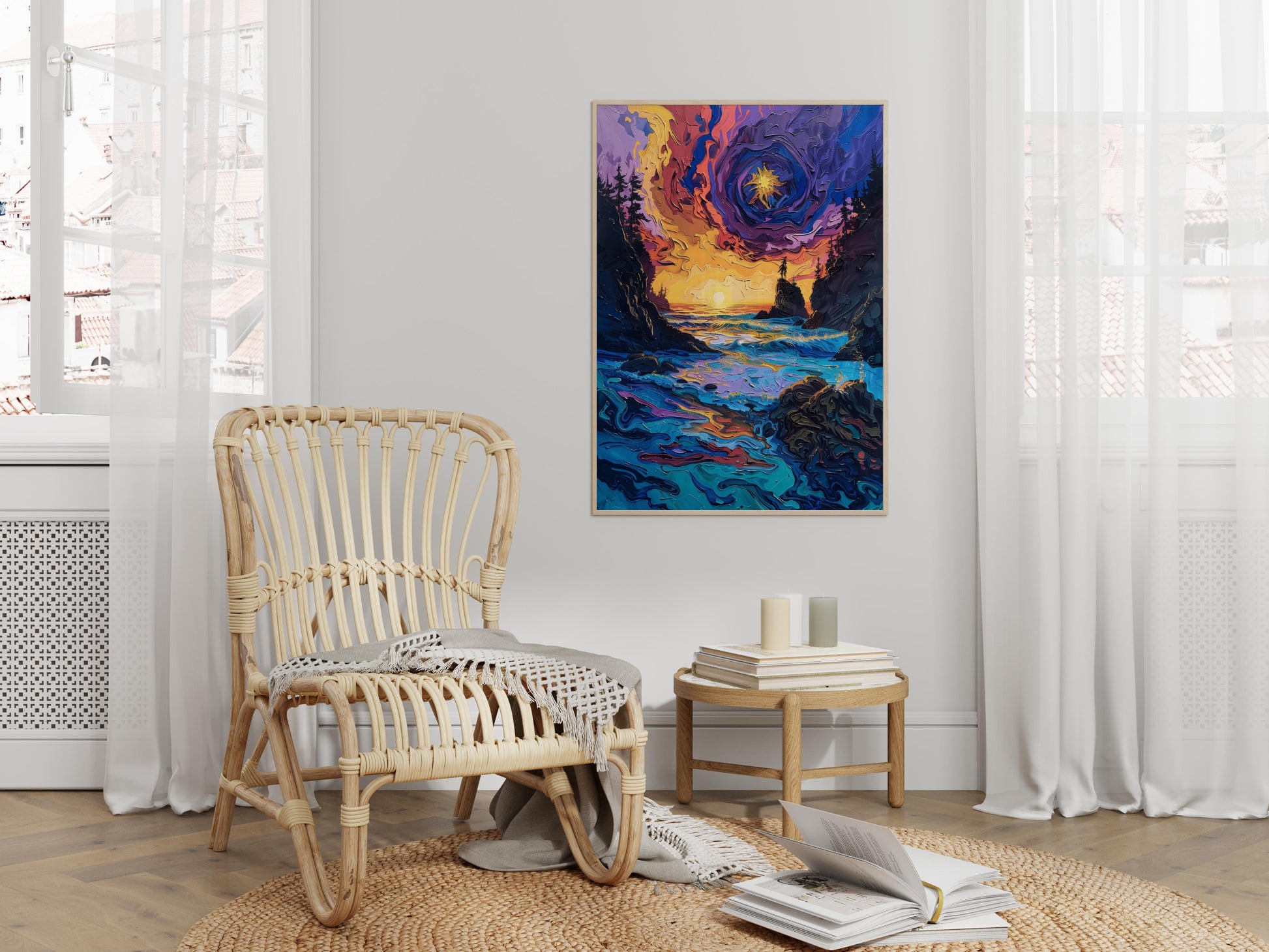 Cosmic Twilight on the Northwest Coast- Vibrant Colors, Post-Impressionist, Soulful Art, Atmospheric Depth, Imaginary Journey