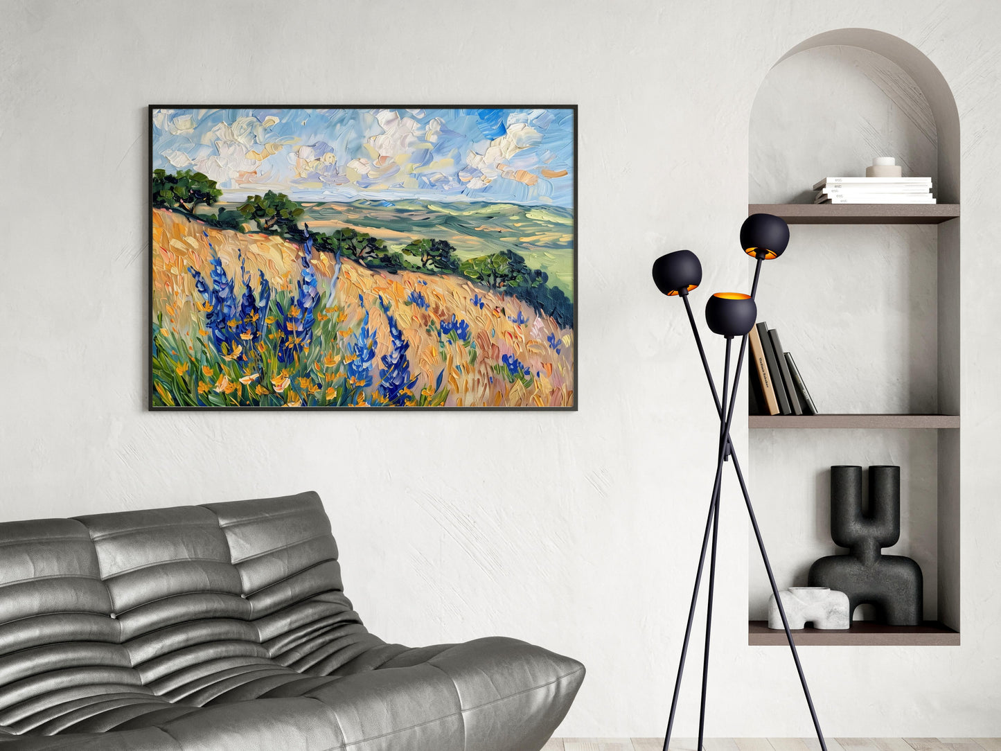 Color Magic of the Texas Hill Country- cloudy sky, wildflowers, Hill Country, landscape painting, American Southwest