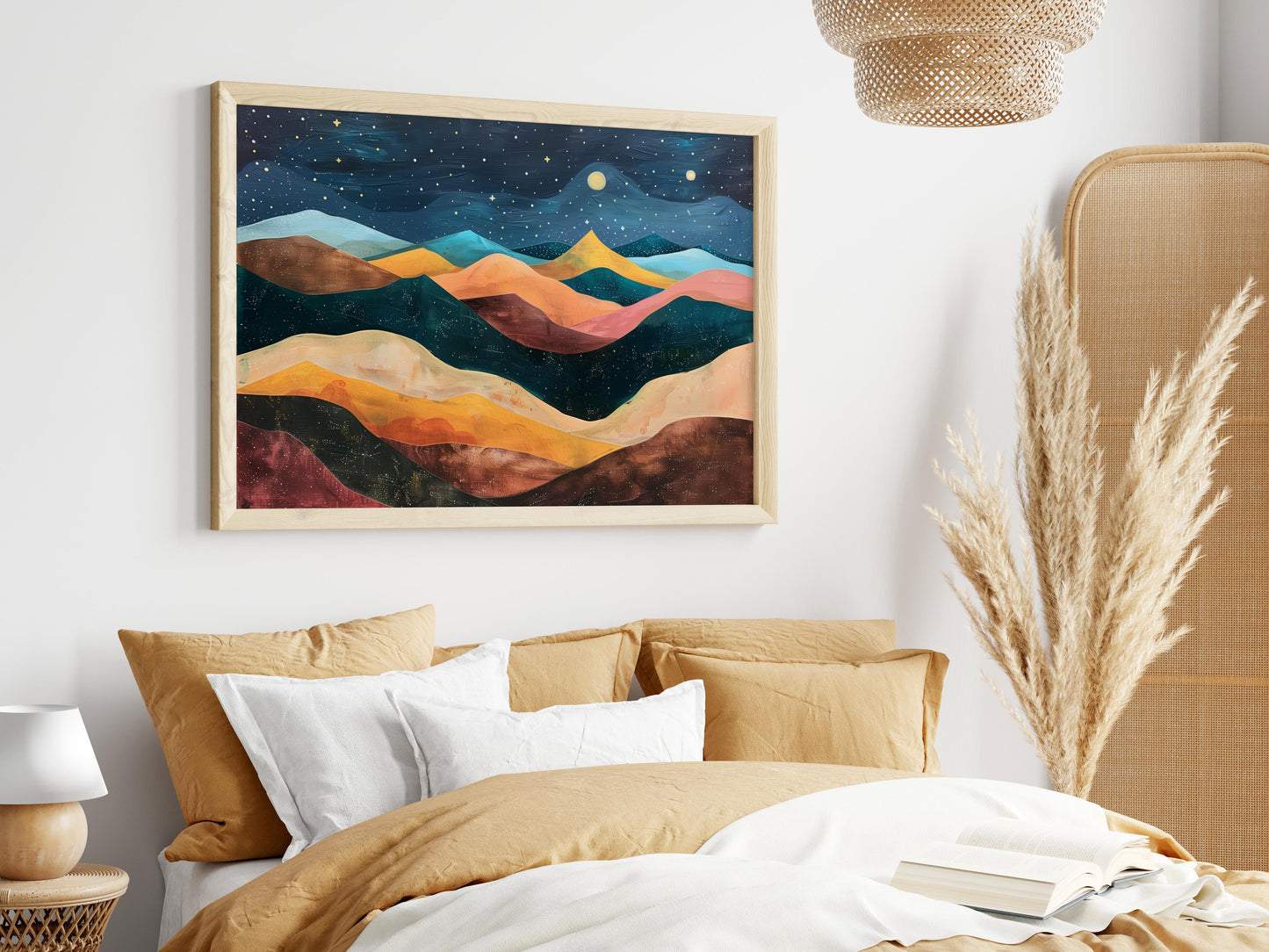 Starry Mountain Night- abstract mountain landscape, depiction of nature, mountain panorama, starry sky, artistic abstraction