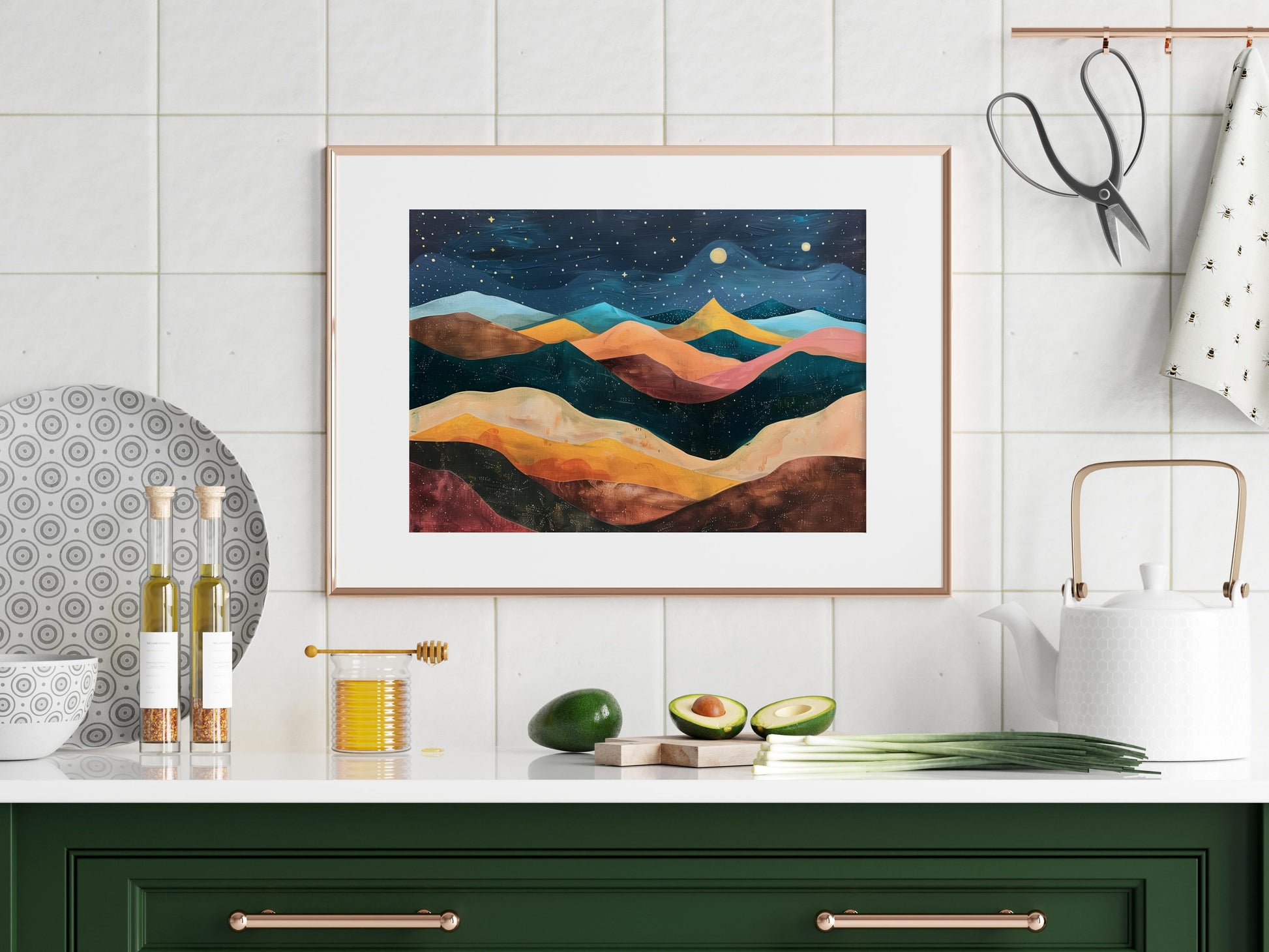 Starry Mountain Night- color harmony, nocturnal scenery, abstract mountain landscape, minimalist art, soothing art