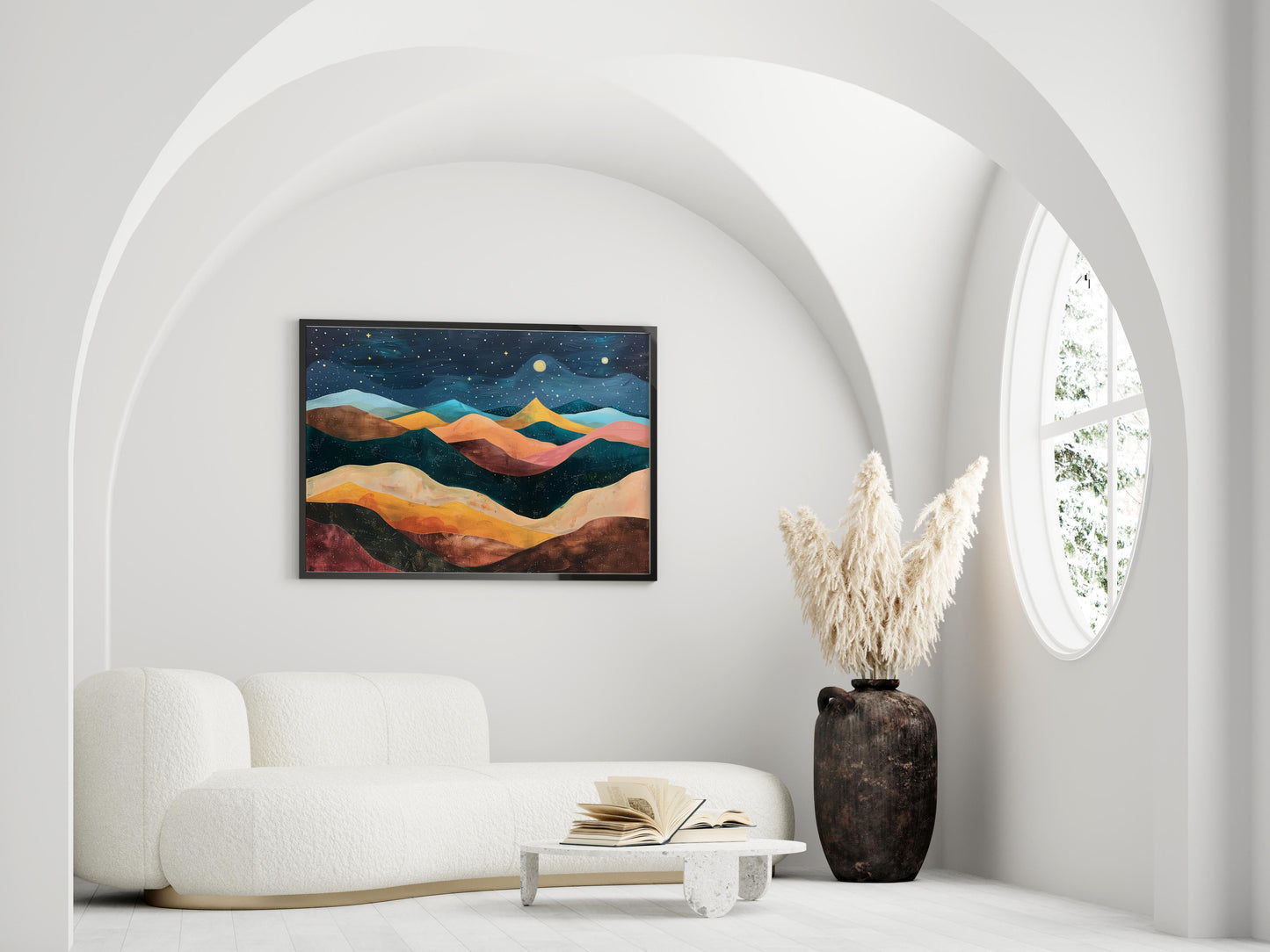 Starry Mountain Night- mountain panorama, nocturnal scenery, color harmony, minimalist art, depiction of nature