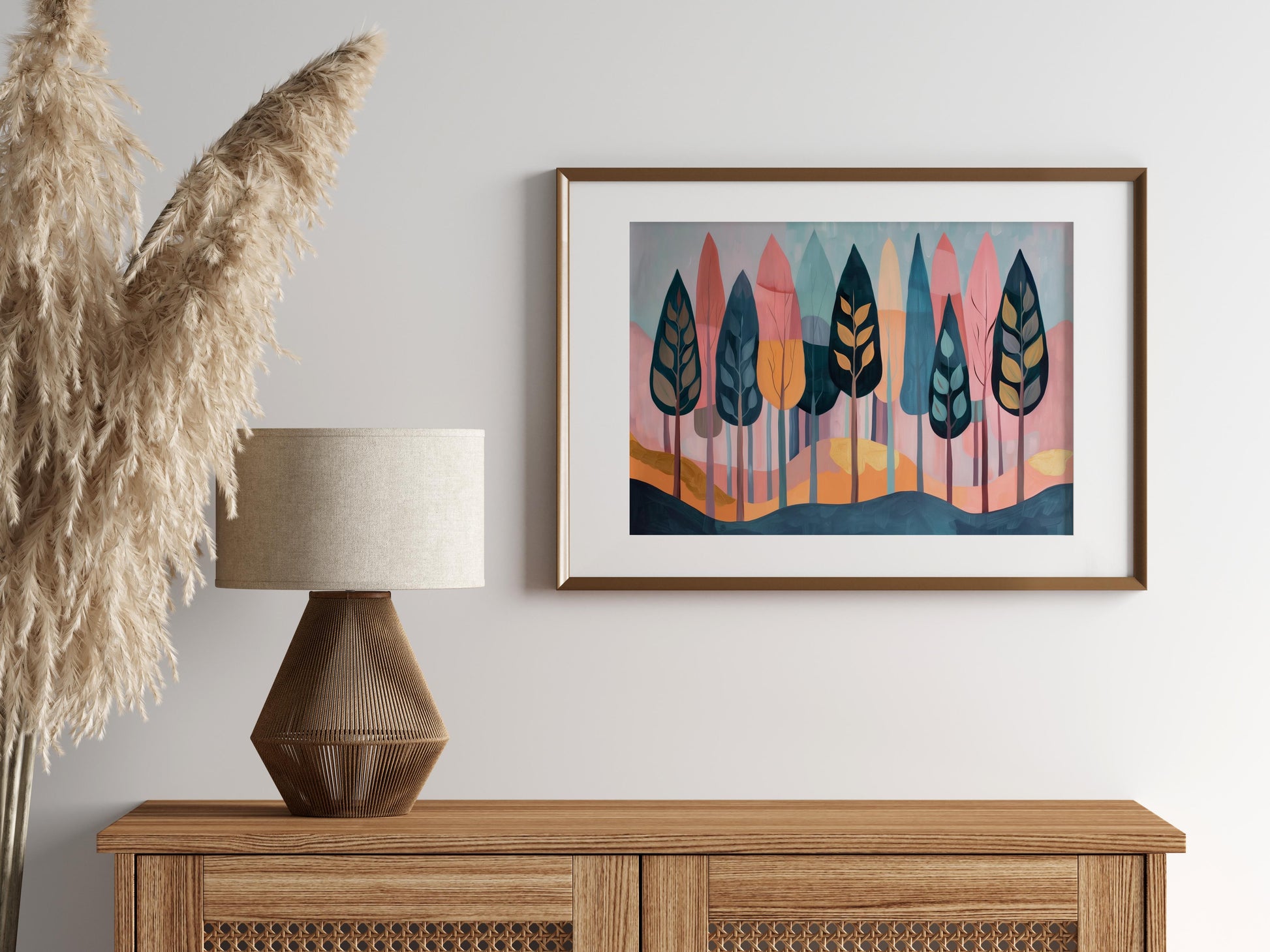 Whispering Pine Forest by Eloise Belmonte- Shades of Pink, Minimalist Approaches, Harmonious Blend, Modern, Gold Accents