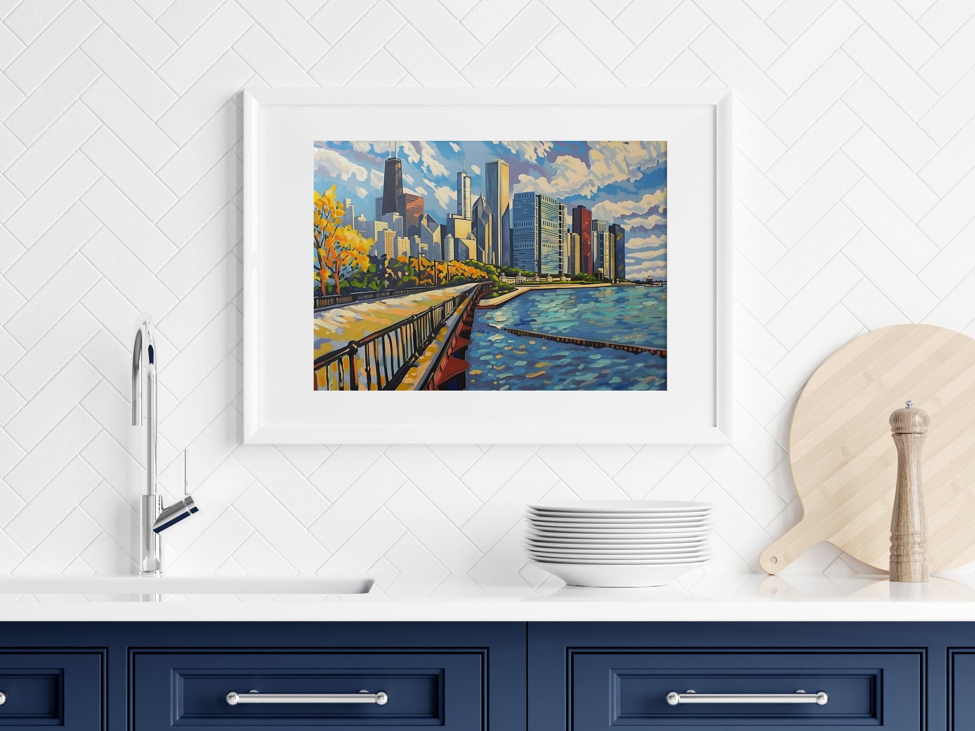 Autumn Lights of Chicago- autumn foliage, Isabella Conti, Realism, skyline, dynamic brushstroke