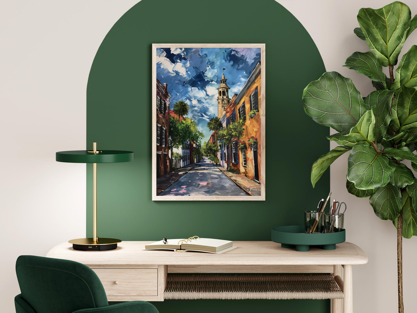 Charleston Charm - An Impressionistic City Portrait by Isabella Conti- Florence, Impressionism, Brushstrokes, Historic Buildings, Blue Sky