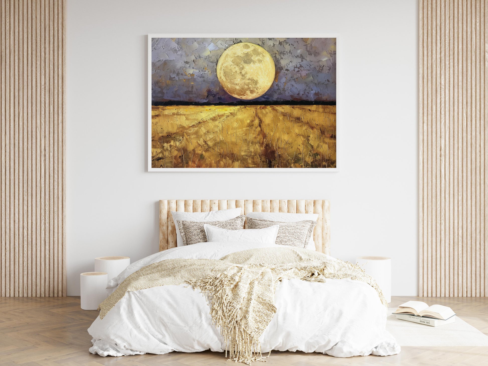 Midnight Harvest Beneath the Moon- Swedish Art, Atmospheric Art, Golden Field, Impressionist Brush Strokes, Northern Lights