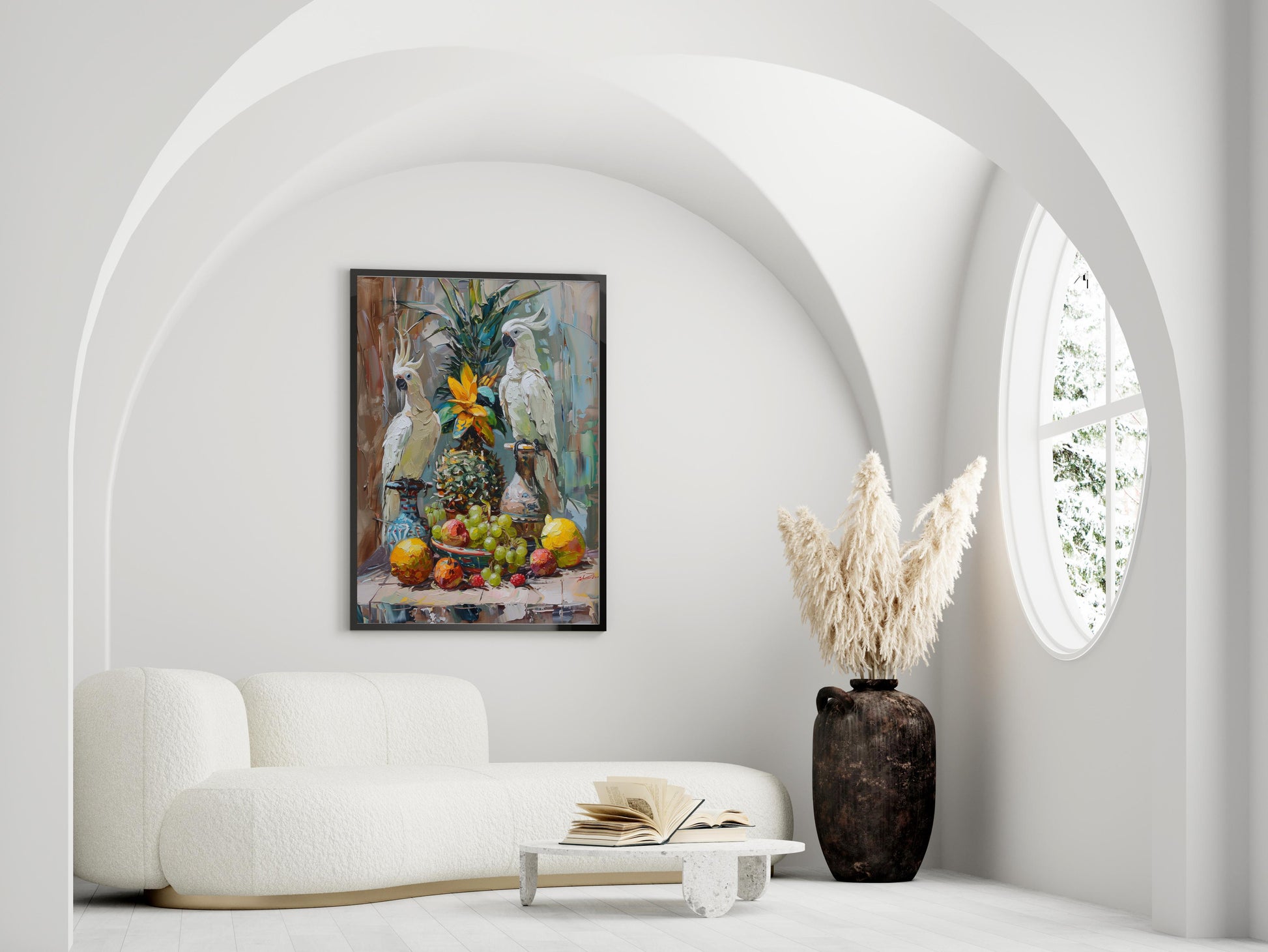 Vibrant Still Life with Tropical Birds- Italian Art, Play of Light, Vibrant, Amalfi Coast, Cockatoos