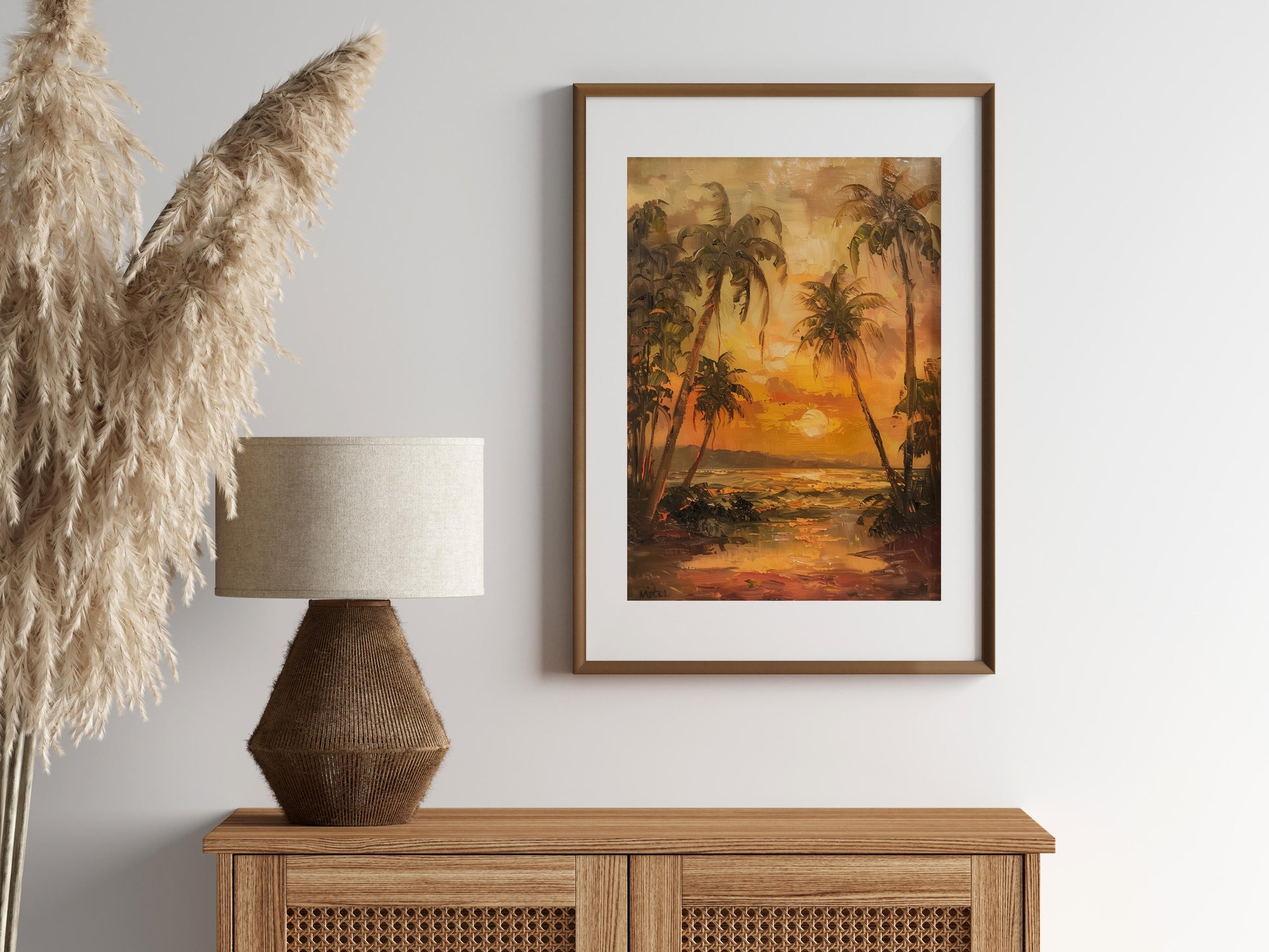 Tropical Evening Glow- evening mood, palms, unique, sea of flames, reflection