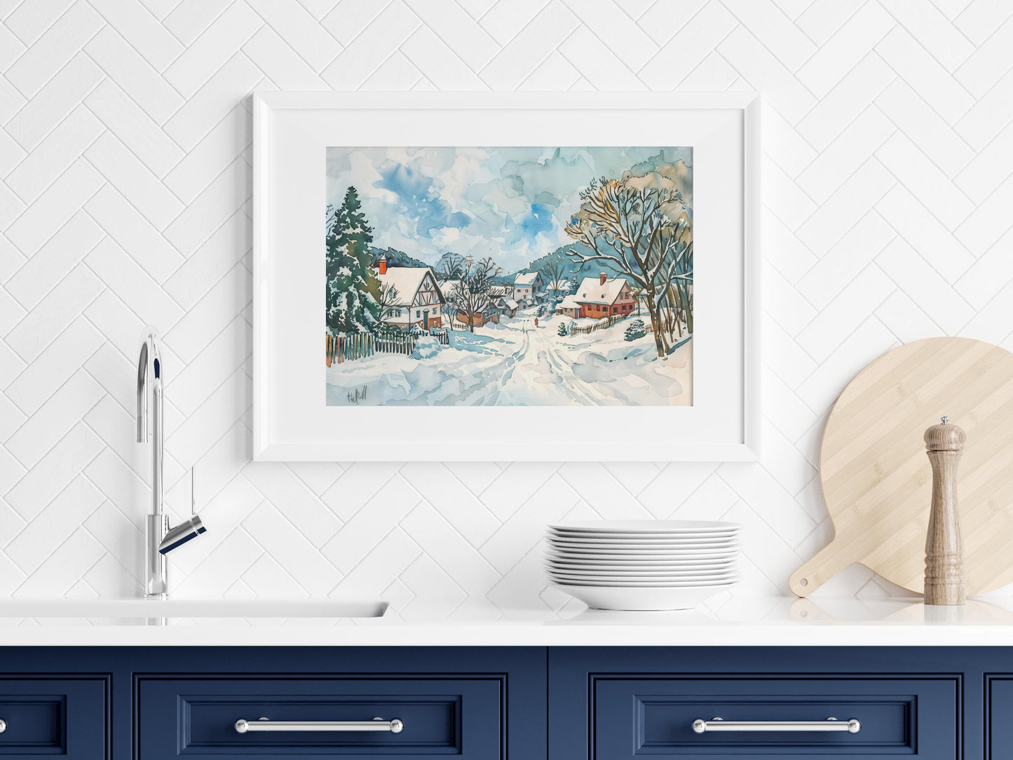 Winterliches Dorfidyll- winter, Japan, warm, silence, watercolor