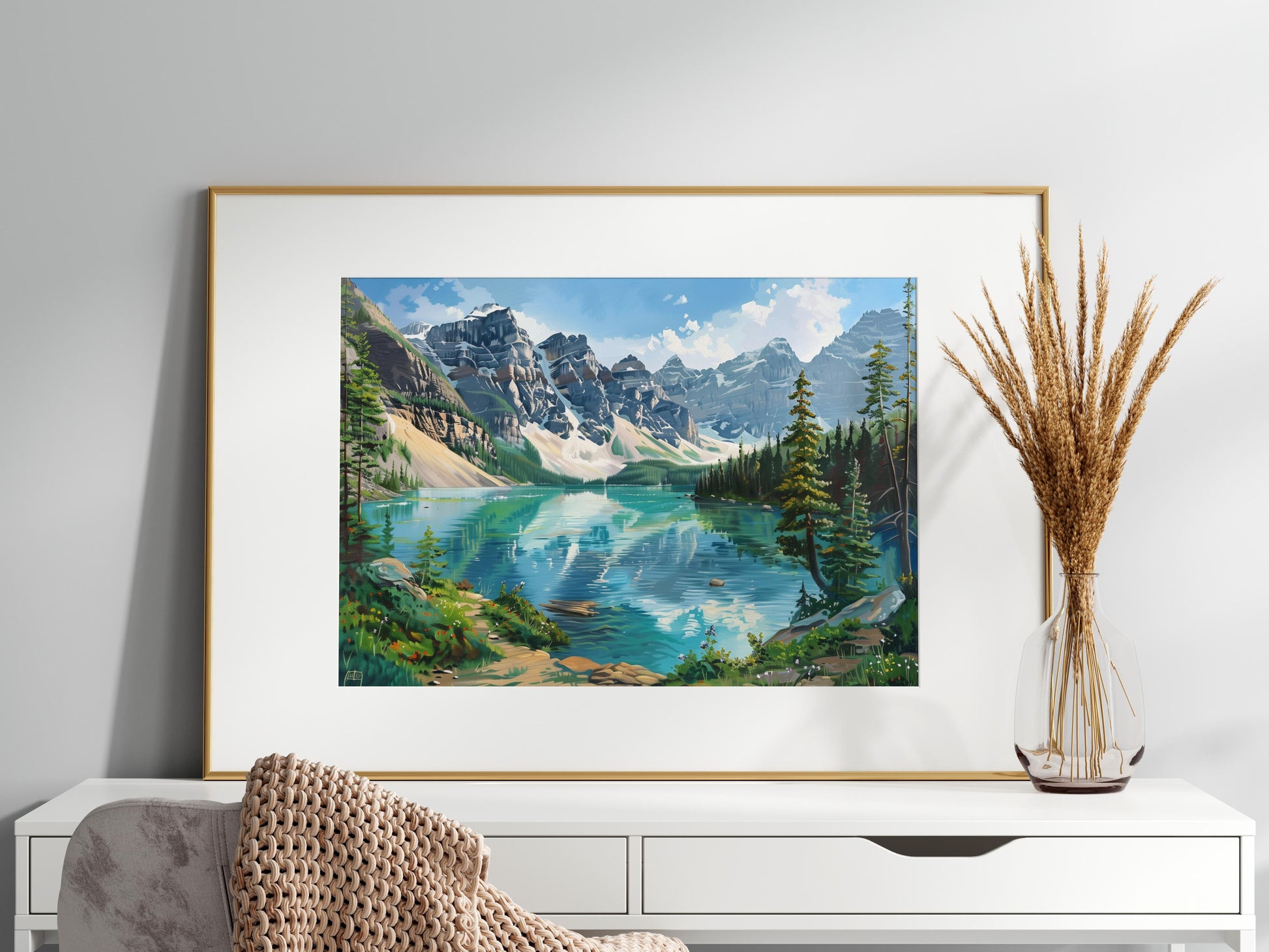 Reflection of Silence - Moraine Lake- Landscape Painting, Texture, Water, Canadian Rockies, Pines