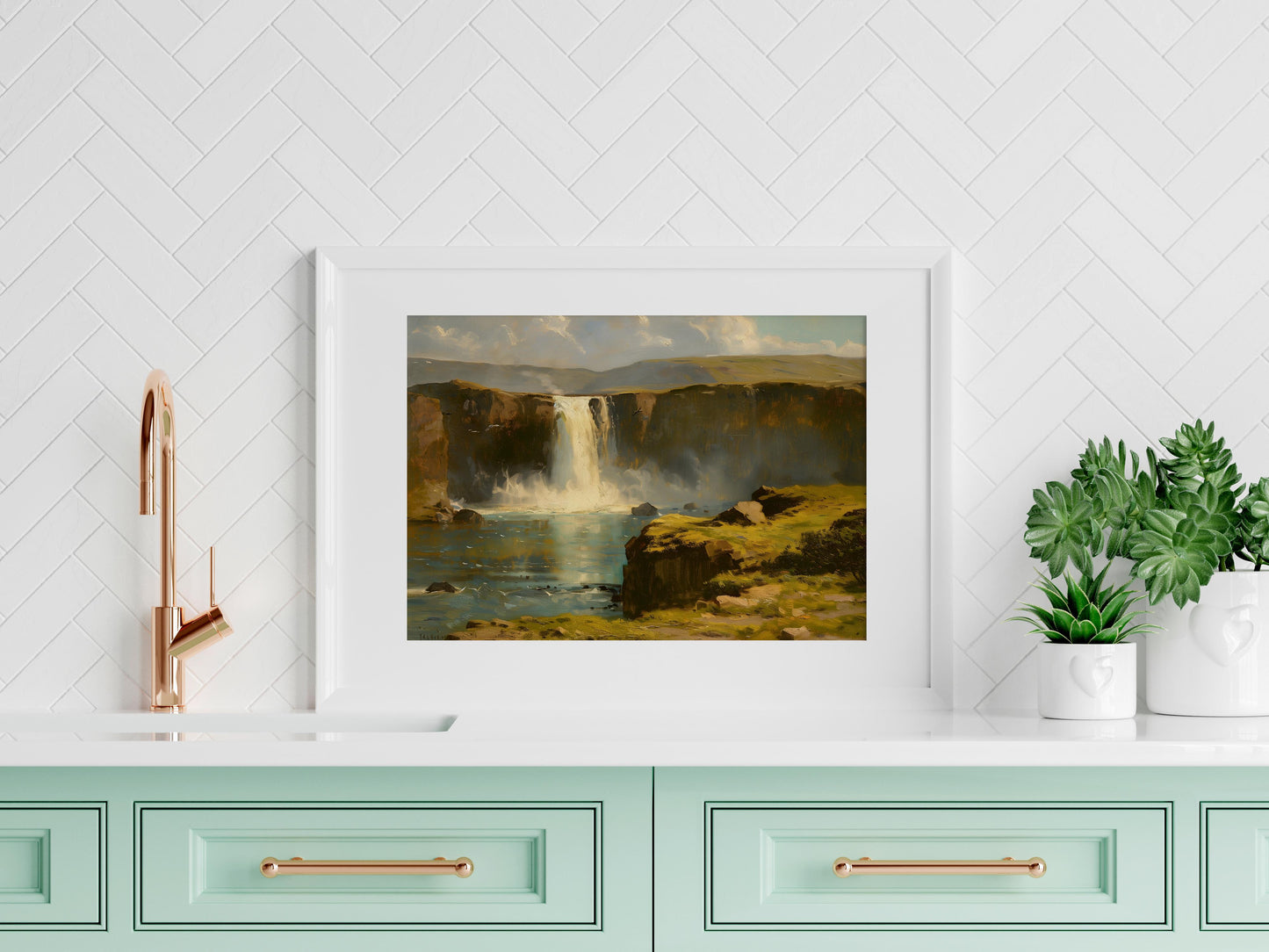 Icelandic Waterfalls: A Masterpiece by Mariana Silvers- lush green, waterfall, nature art, Icelandic landscape, dramatic nature