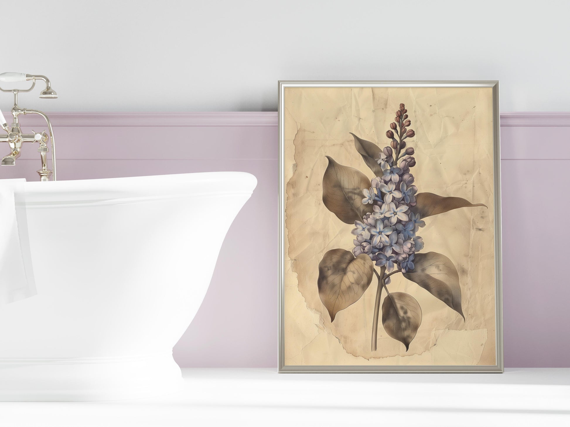 Verwelkte Eleganz: Lilac von Fiona Aisling- natürliche Welt, Flieder, botanische Kunst, antikes Papier, Detailgenauigkeit