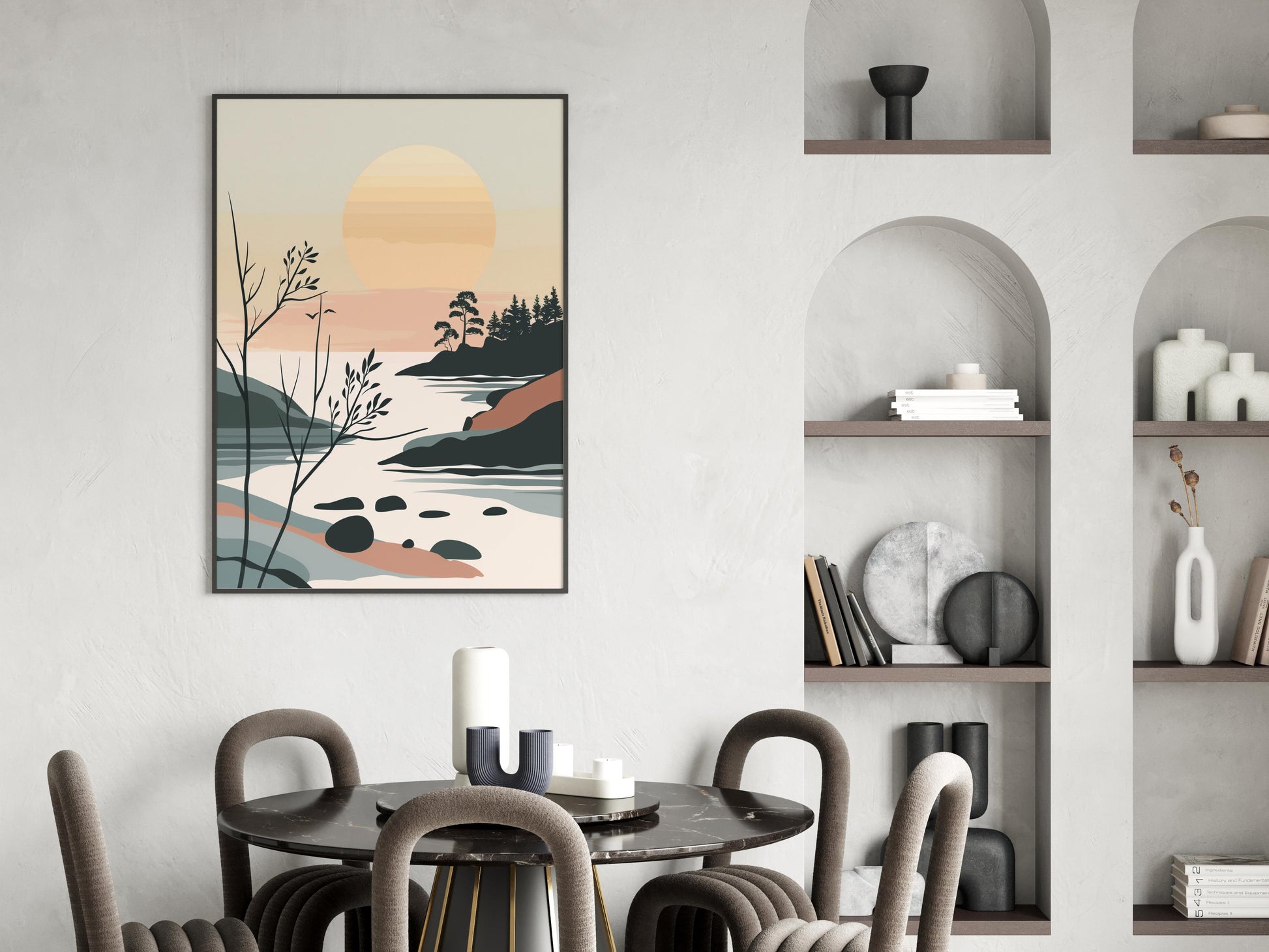 Morgendämmerung im Schwedischen Archipel- Swedish Archipelago, Quiet Coast, Modern Landscape, Geometric Art, Soft Colors