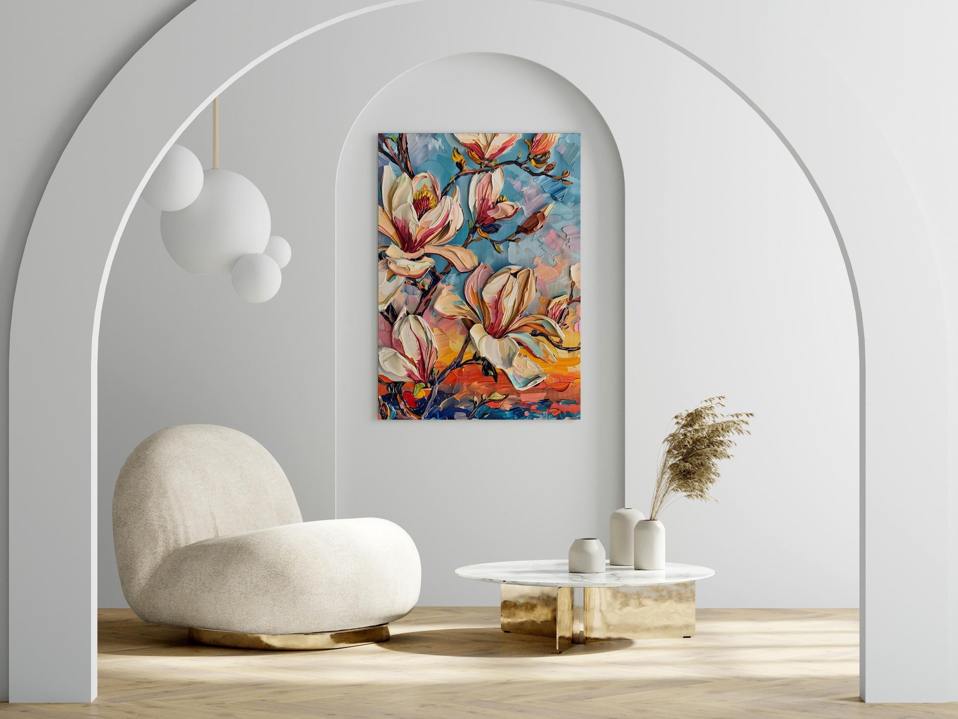 Florale Impressionen am Himmelsmeer- wind, lively, magnolias, branches, oil painting