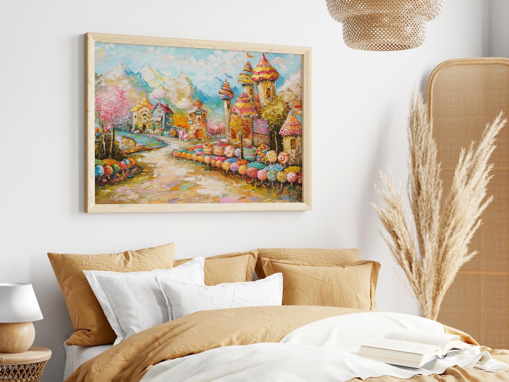 Bonbontraumlandschaft- bright color palette, child-friendly artwork, Impressionism, candy landscape, village scenes