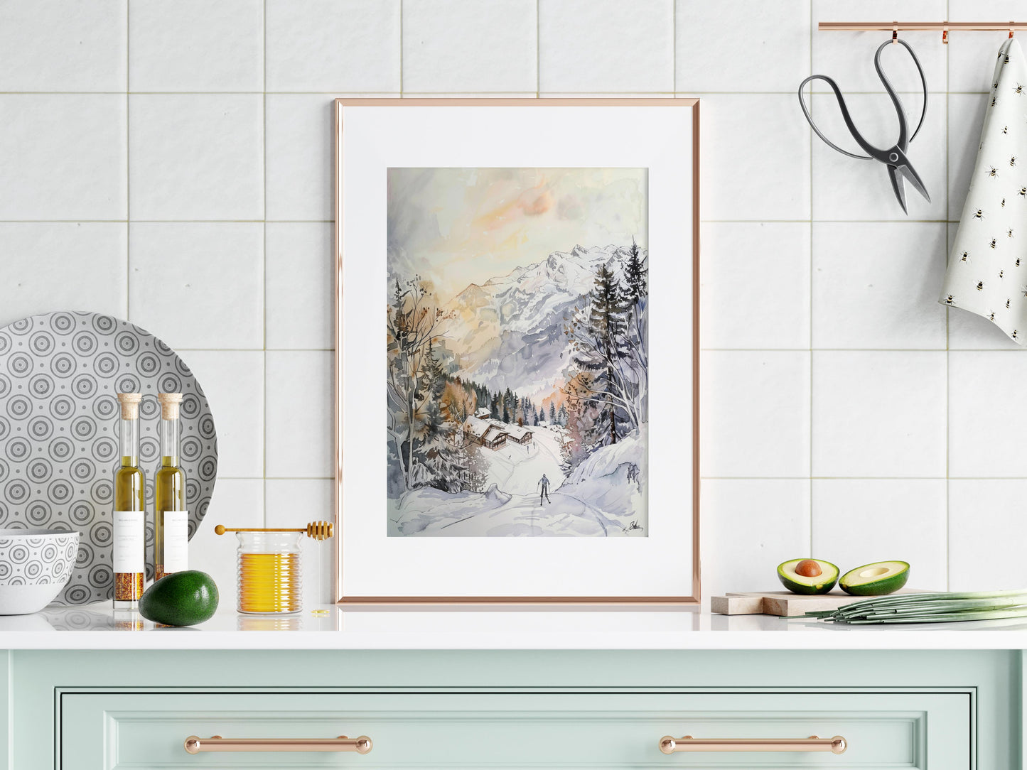 Morgendämmerung auf den Ischgler Pisten- snow landscape, Ischgl, watercolor, morning mood, mountain panorama