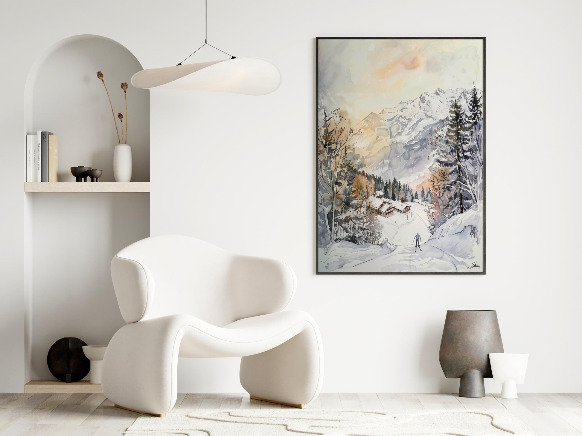 Morgendämmerung auf den Ischgler Pisten- skier, watercolor, winter landscape, morning mood, snow landscape