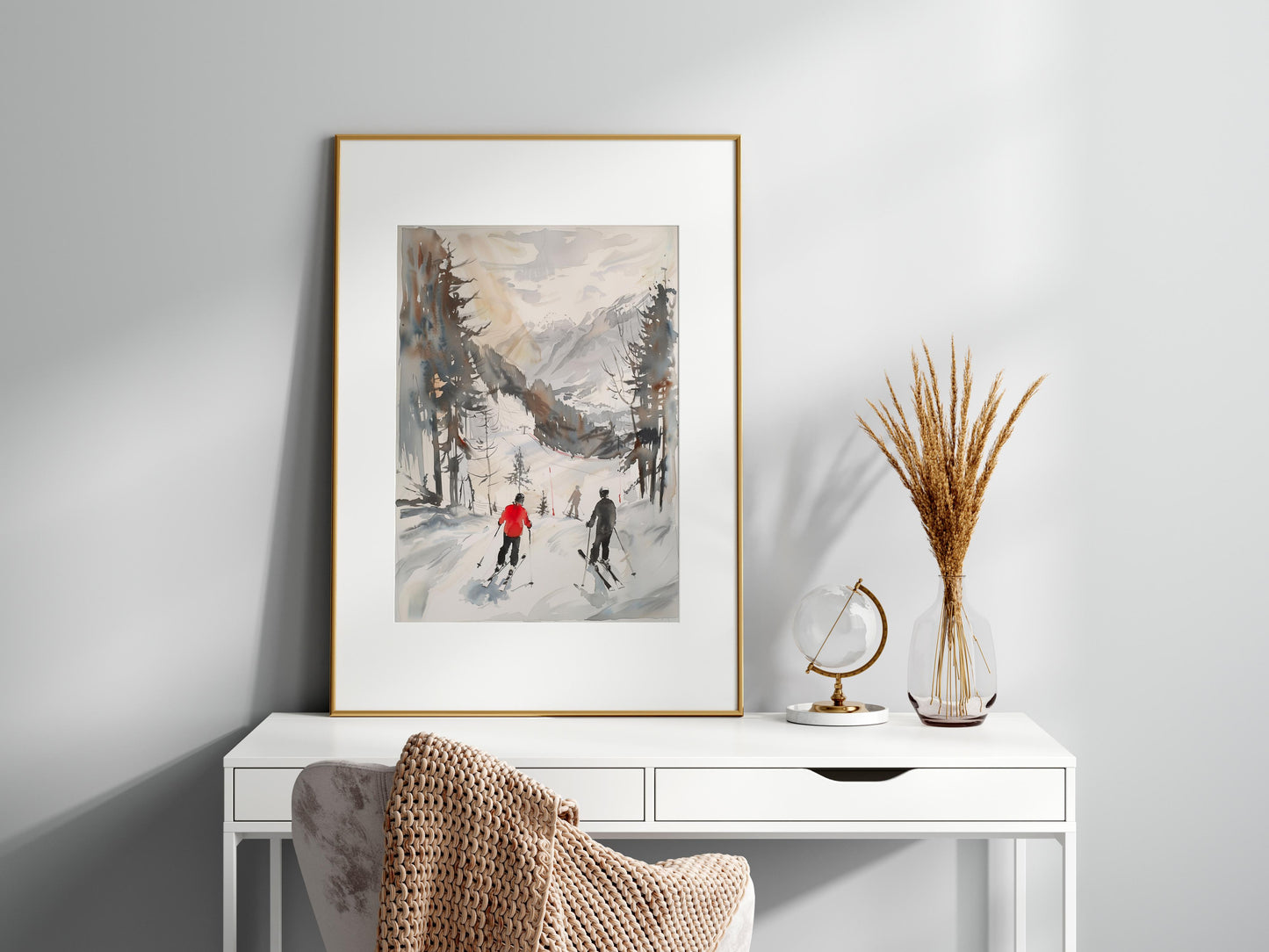 Winterliches Vergnügen in Sölden- Wall decoration, Leisure, Winter sports, Watercolor, Ski