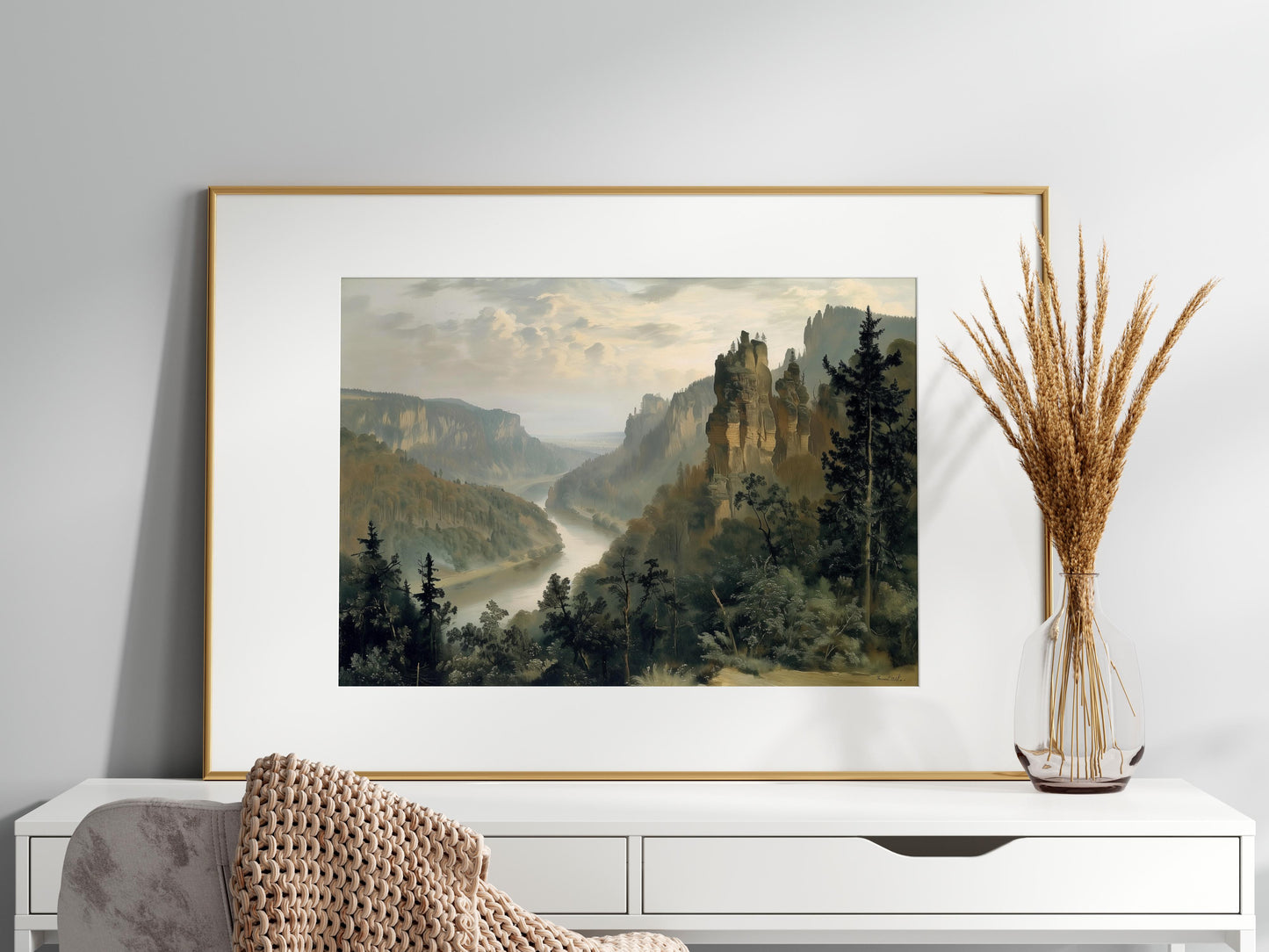 Morgendämmerung im Elbtal- nature painting, timeless art, dawn, sandstone rocks, dense forests