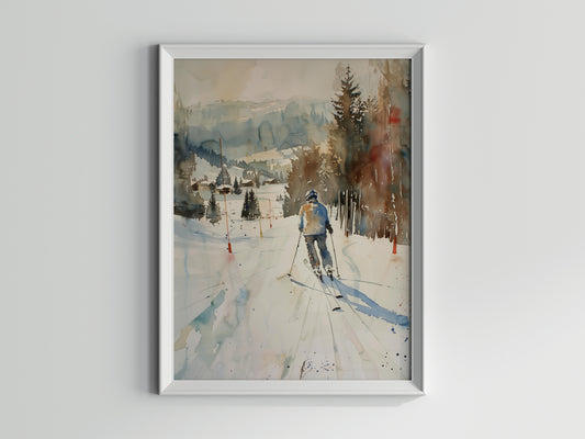 Wintersport in Kitzbühel- winter, wall decoration, skier, watercolors, Japanese art