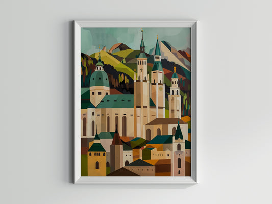 Impulsive Serenity: Salzburg Cathedral- modern art, Cubist, cityscape, surreal, serene landscapes