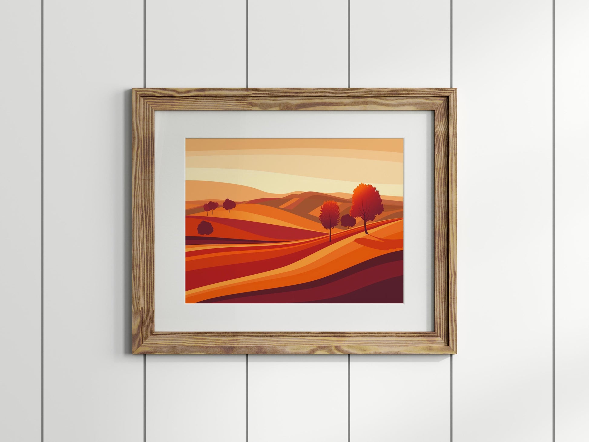 Twilight Glow in the Belgian Countryside- modern aesthetics, orange hues, nature connection, geometric abstraction, stylized trees