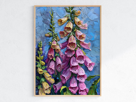 Vibrant Thimbles Under Blue Sky- brushstroke, flowers, texture, landscape painting, foxglove