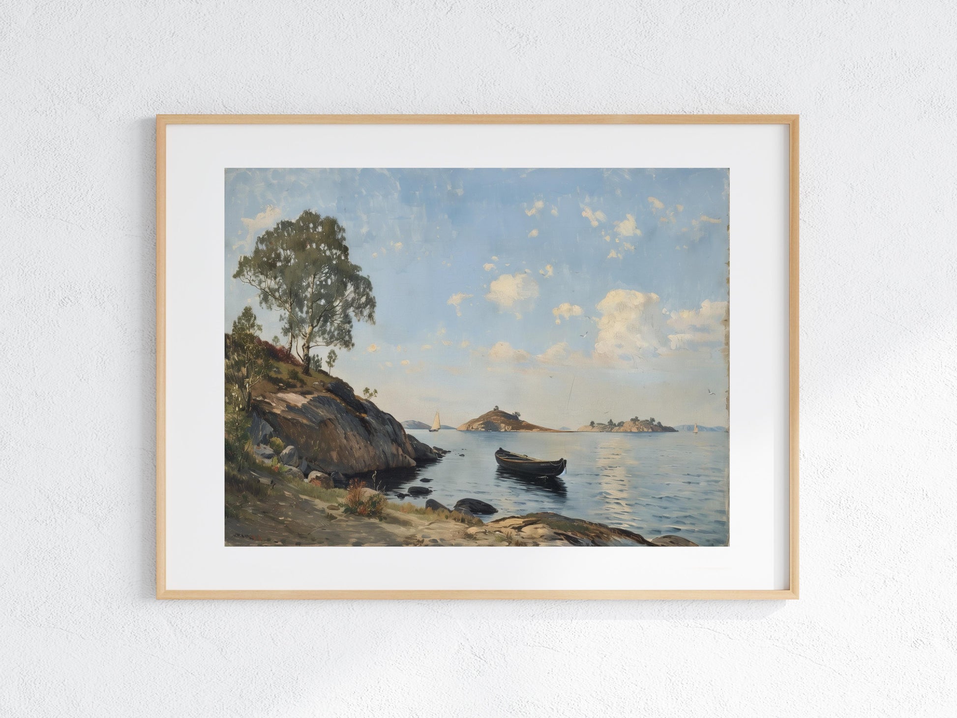 Friedliche Zuflucht im Schwedischen Archipel- sunlight, American Realism, glittering water, calm sea, Nordic landscape