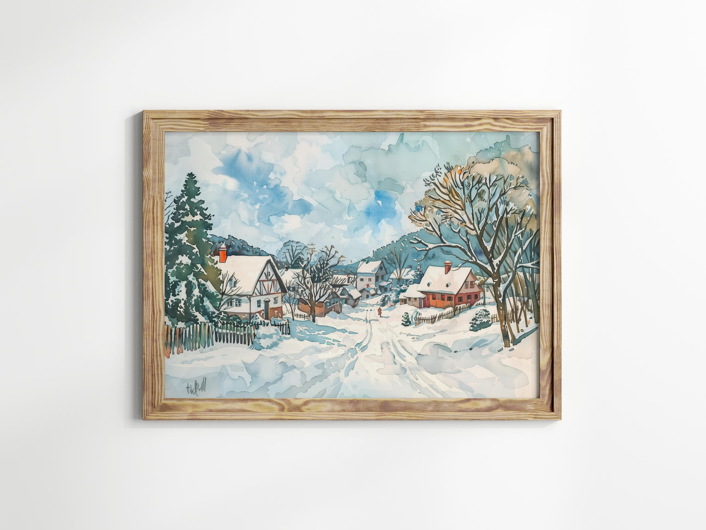 Winterliches Dorfidyll- village, traditional, watercolor, peace, winter