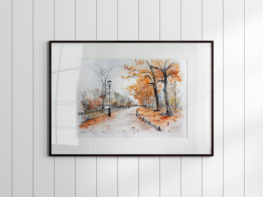 Autumnal Stillness in the City Park- Designer piece, Nature, Interior design, Ink drawing, Painting