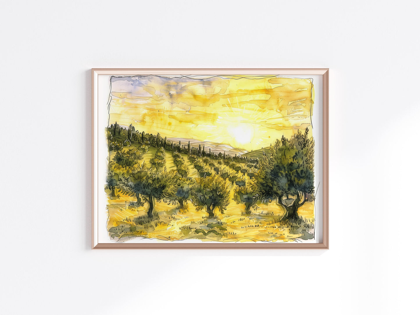 Evening Glow in the Olive Groves- Oasis of Peace, Wall Decor, Ink Painting, Watercolor, Evening Sun